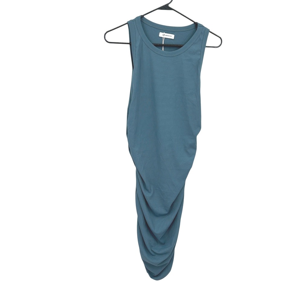 Ruched Side Ribbed Midi‎ Dress L Teal Sleeveless Stretch Minimal Bodycon NWT